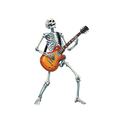 Skeleton playing an electric guitar rock and roll music concept on a plain white background isolated