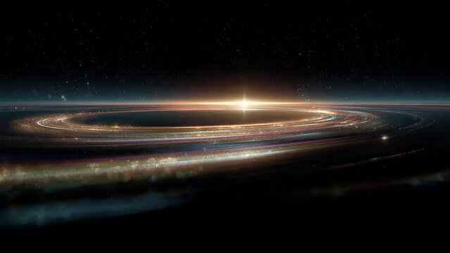 A breathtaking view of a swirling accretion disk around a bright star, with distant galaxies and nebulae visible in the background.
