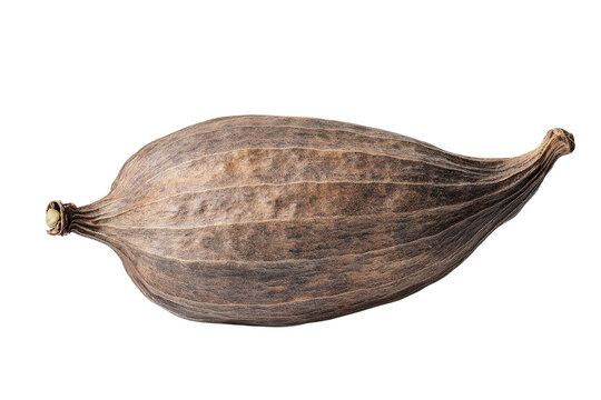 Single brown dried cardamom pod with a rough textured surface and distinct longitudinal ridges captured in high resolution detail for culinary purposes on white background