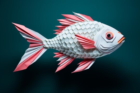 White paper fish with pink fins swimming against a deep blue green background