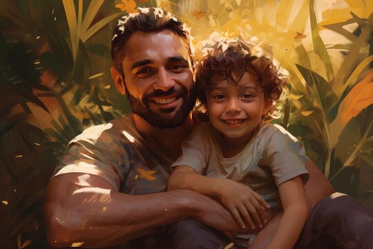 Father and son smiling together, enjoying a warm and bright moment outdoors
