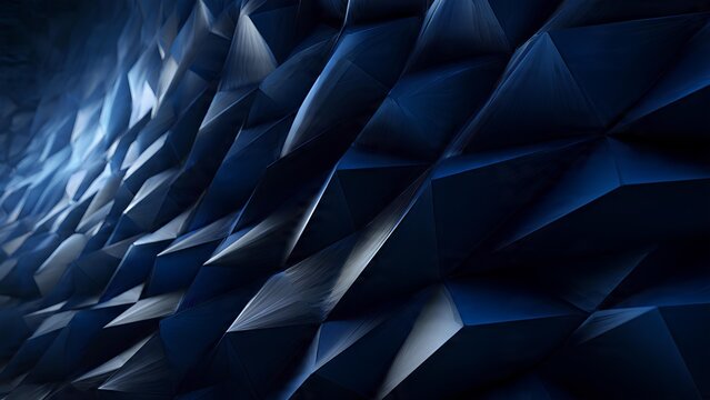 A dark blue and black abstract background featuring a complex geometric pattern of faceted polygons and sharp angles, creating a dynamic and modern textured surface with subtle highlights.