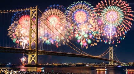 Colorful fireworks exploding over illuminated suspension bridge at night with water reflections during festival