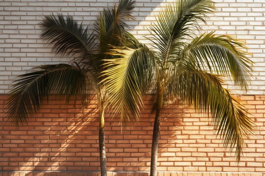 Palm trees with green leaves against a textured red and white brick wall