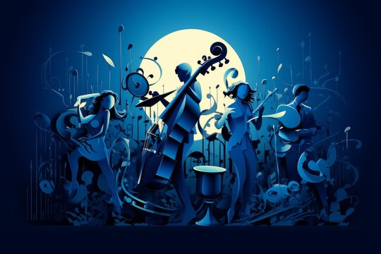 Jazz musicians creating rhythmic harmony in a dark blue night scene with a bright moon