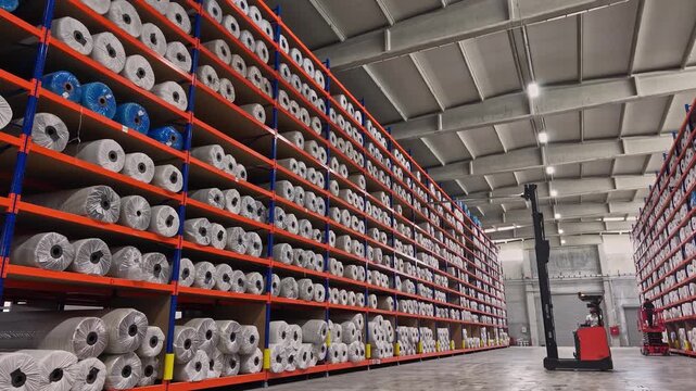 Yarn bobbins are stored on high shelves inside a textile warehouse with forklift operation. This video frame shows stock management, raw material storage, logistics, and industrial warehouse layout.