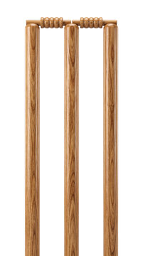 Three polished wooden cricket wickets with two perfectly balanced bails, realistic wood grain, professional sports equipment, ultra-detailed, isolated on transparent background