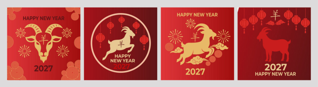 Chinese New Year 2027, Year of the Goat. A set of greeting cards featuring a goat and traditional patterns. Template for festive envelopes. Happy New Year, zodiac sign. Vector