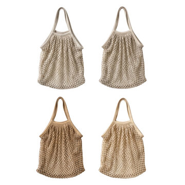 Four different woven tote bags with handles isolated on transparent background