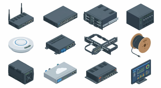 Collection of various computer and network hardware devices.