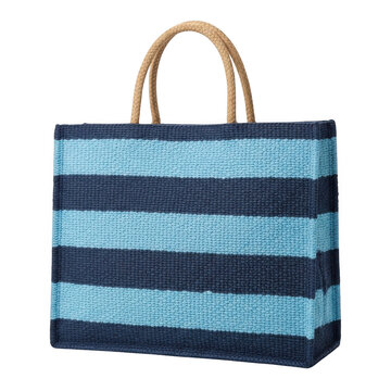 Blue and navy striped woven tote bag with wicker handles isolated on transparent background