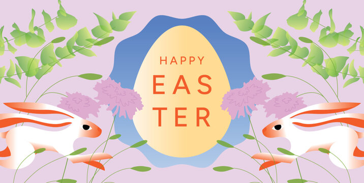 Happy Easter greeting poster with two bunny rabbits facing egg shape, spring flowers and green branches on pastel background. Symmetric holiday concept. Flat vector illustration for card, poster, prom