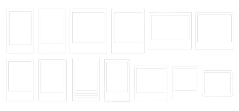 Collection of various outline instant photo frames in different shapes and orientations, presented as a clean vector illustration