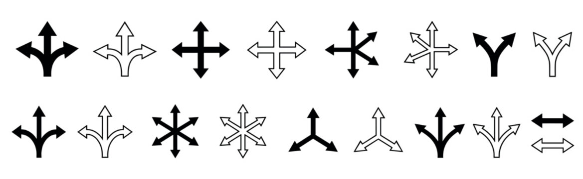 Collection of black and white arrow icons depicting various directions and splits, presented in a clean, graphic style