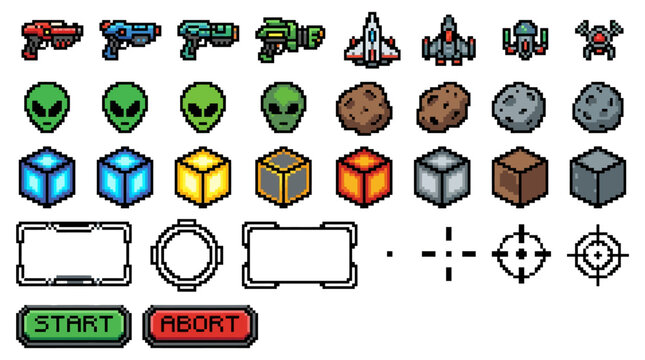 A digital illustration of various space-themed icons and buttons on a white background.