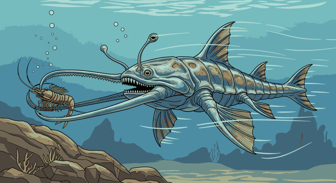 Ancient sea creature illustration predator and prey in underwater environment