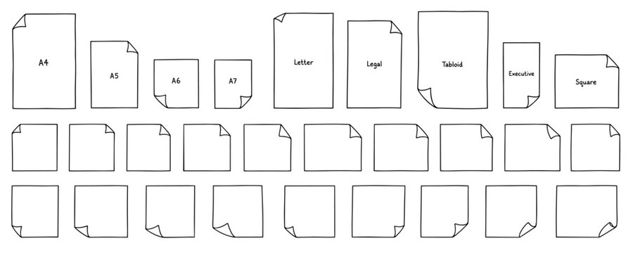 Various paper sizes are illustrated with simple black outlines and curled corners, showcasing different dimensions