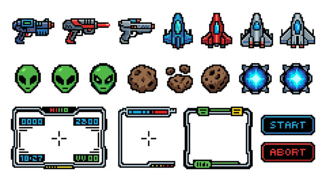 Space themed video game icons and buttons are displayed on a screen with various alien and spaceship illustrations.