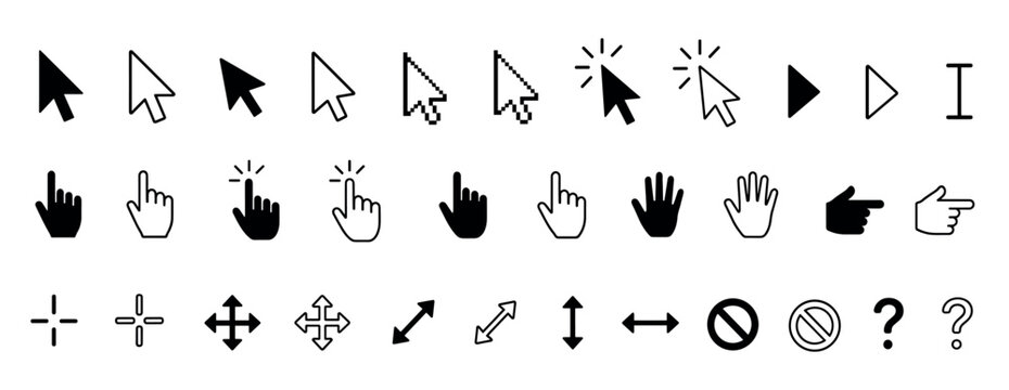 Comprehensive collection of black and white computer cursor icons, including arrow, hand, and various interactive symbols