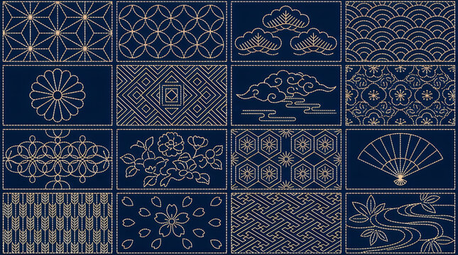 Traditional japanese sashiko embroidery patterns featuring geometric shapes and stylized floral motifs stitched in golden thread on dark blue fabric