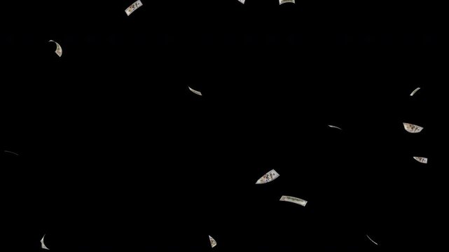 Seamless loop 3D animation of sparse 100 dollar bills falling slowly from top to bottom. Light US dollar cash rain overlay in 4K resolution with alpha channel transparent background.