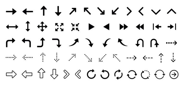 Comprehensive collection of black arrow icons in various styles, including solid, outlined, dotted, and curved designs, for user interface elements