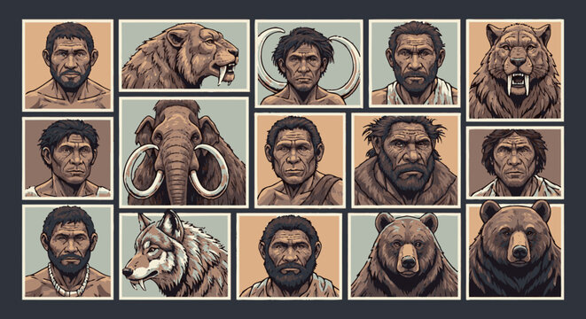 Ancient humans and prehistoric animals illustrated grid composition