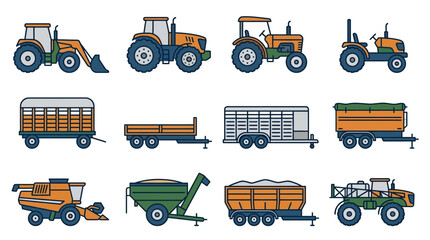 Creative Colorful Set of 12 Agricultural and Farming Machinery Vehicles with Tractors Trailers and Hay Equipment © Samsul