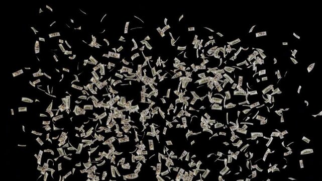 Seamless loop 3D animation of dense 100 dollar bills bursting up from bottom in sweeping waves. Heavy US dollar cash explosion overlay in 4K resolution with alpha channel transparent background.