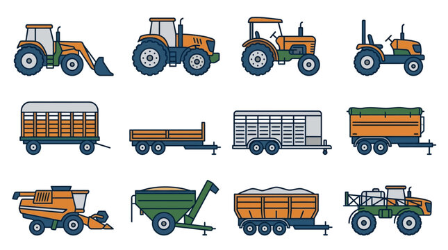 Creative Colorful Set of 12 Agricultural and Farming Machinery Vehicles with Tractors Trailers and Hay Equipment