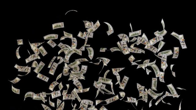 Seamless loop 3D animation of sparse 100 dollar bills bursting up from bottom in sweeping waves. Light US dollar cash explosion overlay in 4K resolution with alpha channel transparent background.
