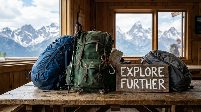 Three hiking backpacks, a trekking pole, and a map on a rustic wooden table inside a timber cabin featuring an Explore Further sign with snowy mountain peaks in the background.
