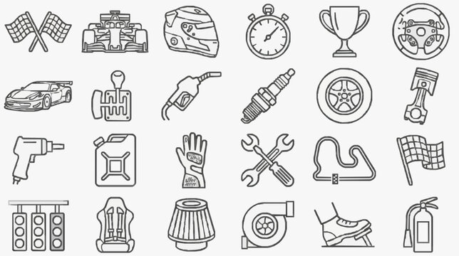 Clean Black and White Line Drawing Icons Set of Racing and Auto Maintenance Tools Parts and Accessories