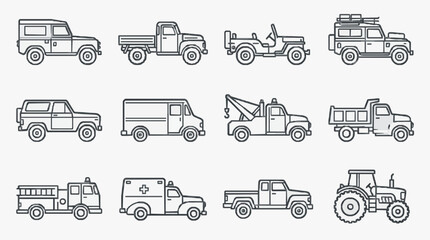 Clean Black and White Line Drawing Set of 12 Distinct Vehicles and Machinery Icons for Various Uses © Ibnu