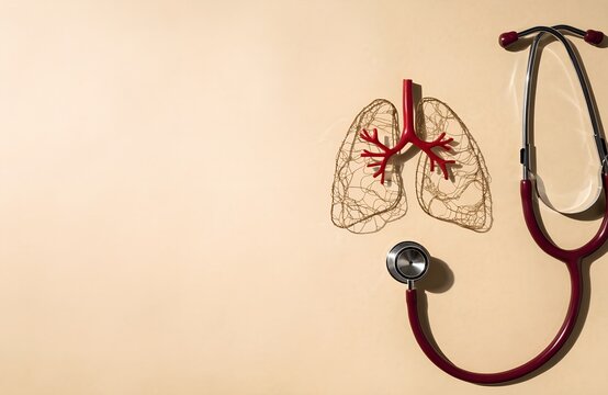 Stethoscope on beige background beside wireframe lungs model with red trachea bronchi symbolizing respiratory diagnostics pulmonary medicine and importance of lung health generated ai