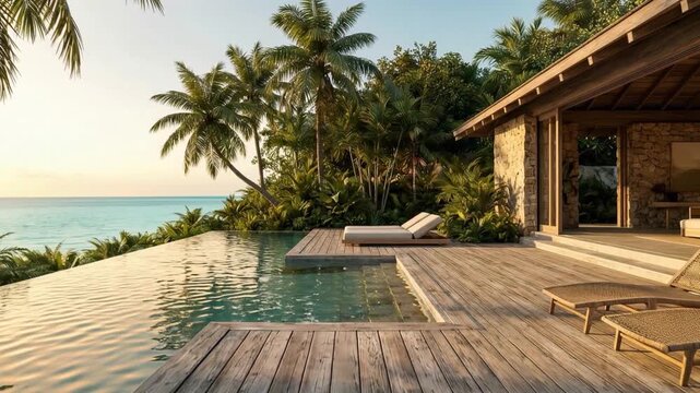 Luxury tropical beachfront villa with an infinity pool surrounded by palm trees and lush greenery, capturing serene vacation, premium real estate and exotic resort lifestyle.
