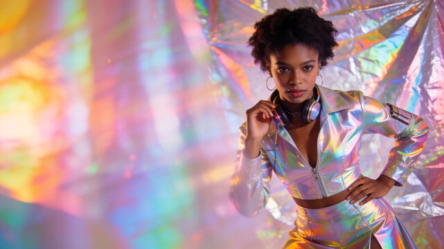 Black female model posing in holographic nice costumes posing for a photo in a studio decorated with colorful holographic ornaments