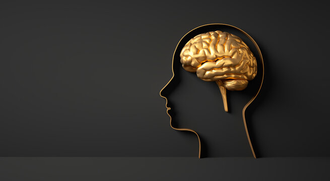 	
Conceptual artwork showing a 3D silhouette of a head with golden brain against black wall	
