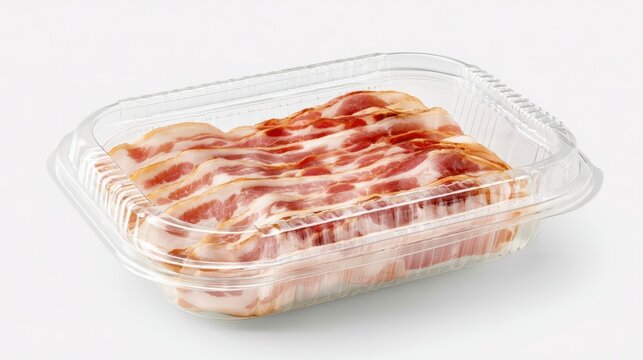 Bacon packaging Raw bacon strips neatly arranged inside a clear plastic clamshell packaging.
