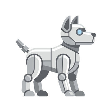 Futuristic silver robot dog side view illustration.