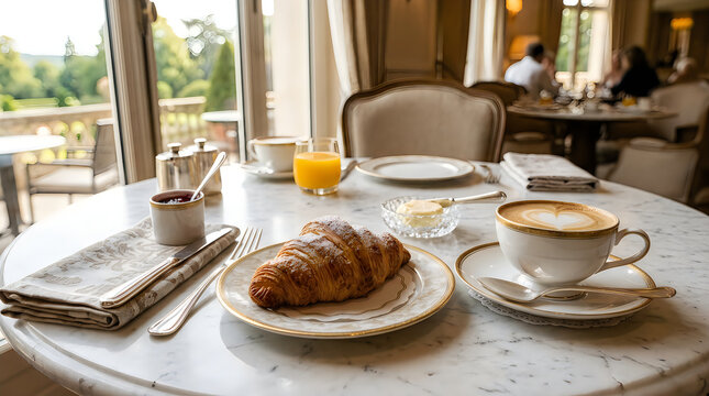 Freshly baked golden croissant served on a white porcelain plate with a hot cup of creamy latte coffee breakfast