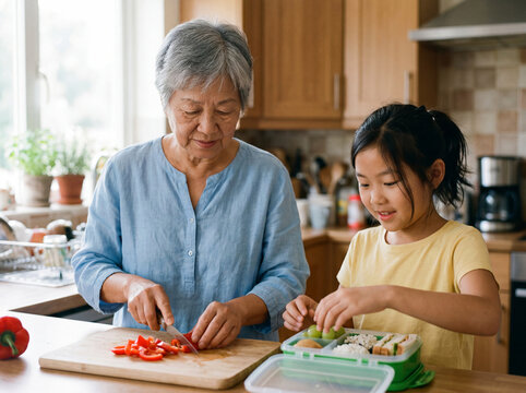 Asian grandmother and granddaughter preparing a healthy back to school lunch together in the family kitchen