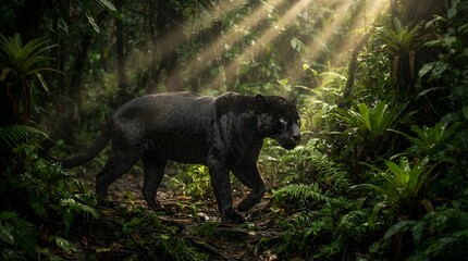 Naklejka premium Black panther walking through lush rainforest with sunbeams filtering through