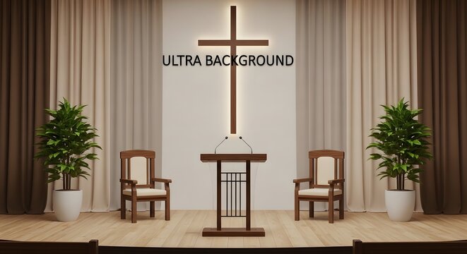 Church stage with wooden pulpit and cross on wall
