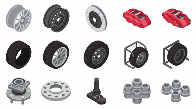 Collection of various car wheel parts and accessories.