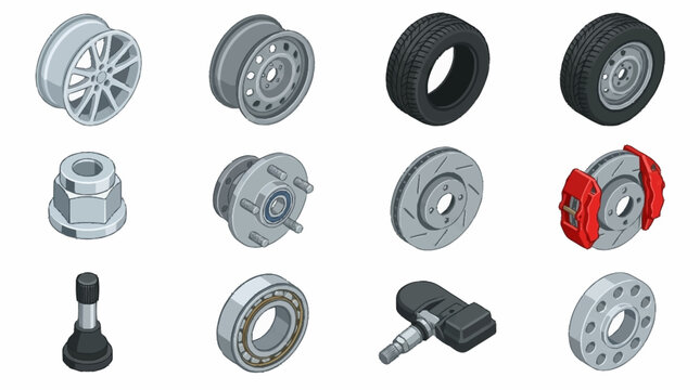 Collection of various mechanical wheel and bearing components.
