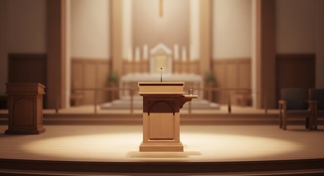 Wooden pulpit on a stage inside a quiet church sanctuary