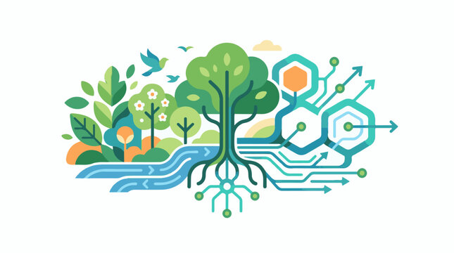 Digital nature tree roots blend into circuit board with flowing river