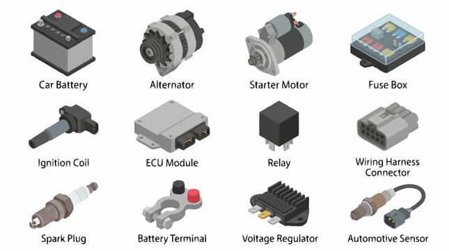 Automotive electrical components illustration set.