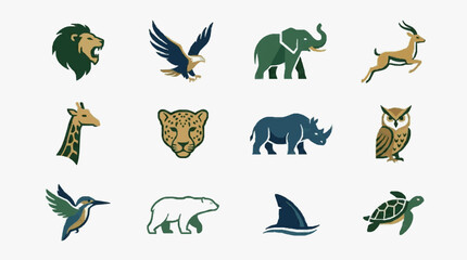 Fototapeta premium Elegant Green and Gold Illustrated Animal Icons Set Featuring Lion Eagle Elephant Antelope Giraffe Leopard Rhino Owl Kingfisher Polar Bear Dolphin Turtle
